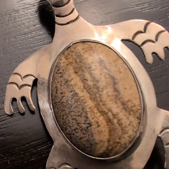 Cii 925 Mexico Sterling Silver Ocean Jasper Sea Turtle Brooch Pin Vintage - Picture 3 of 9